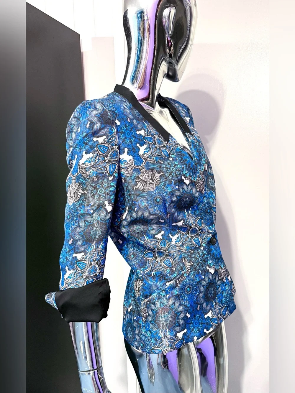 Helmut Lang Blue Mandala Print Blazer w/Black Trim - shiny outer, silk lining - Picture 2 of 7